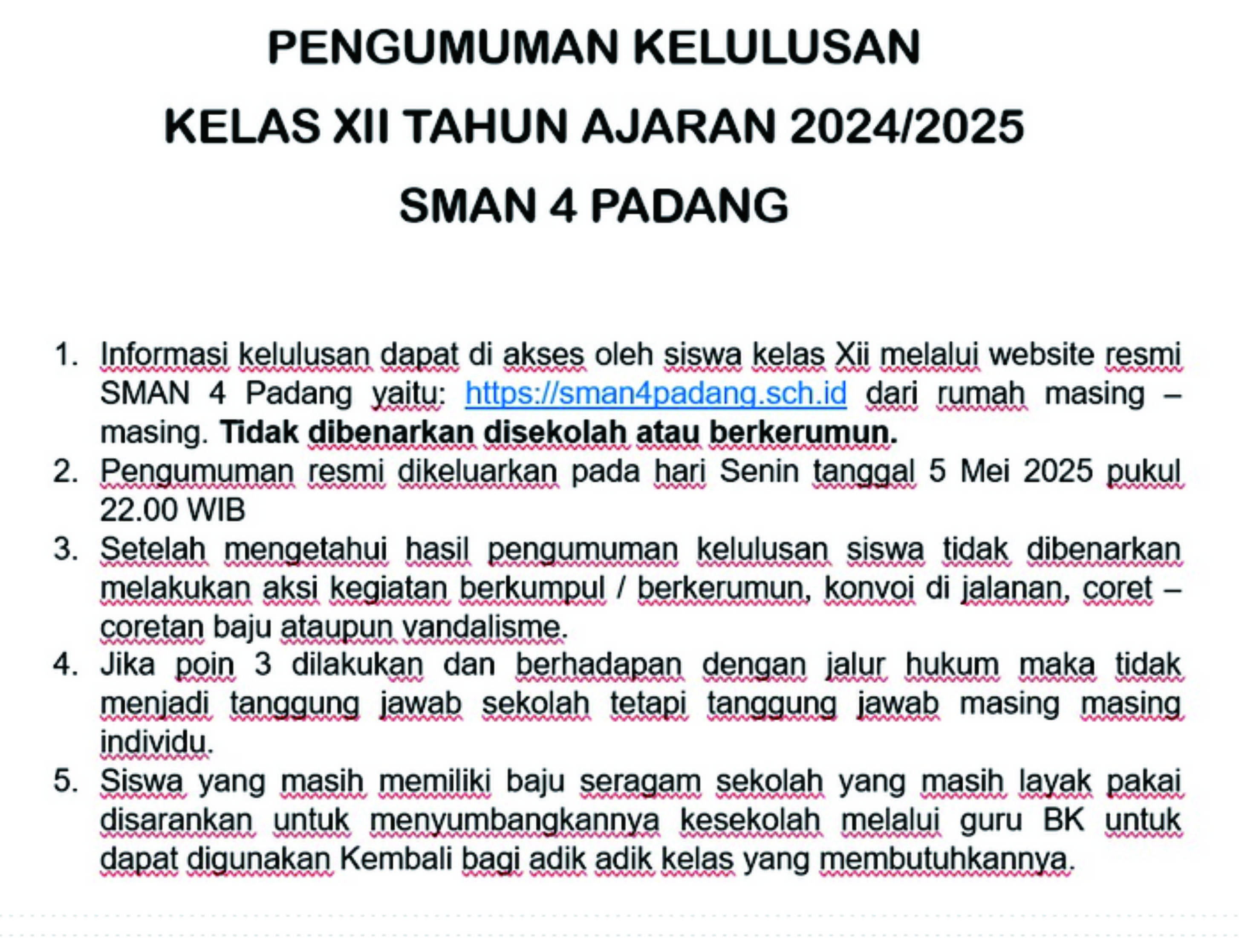 PENGUMUMAN KELULUSAN SISWA SMAN 4 PADANG TP. 2024/2025