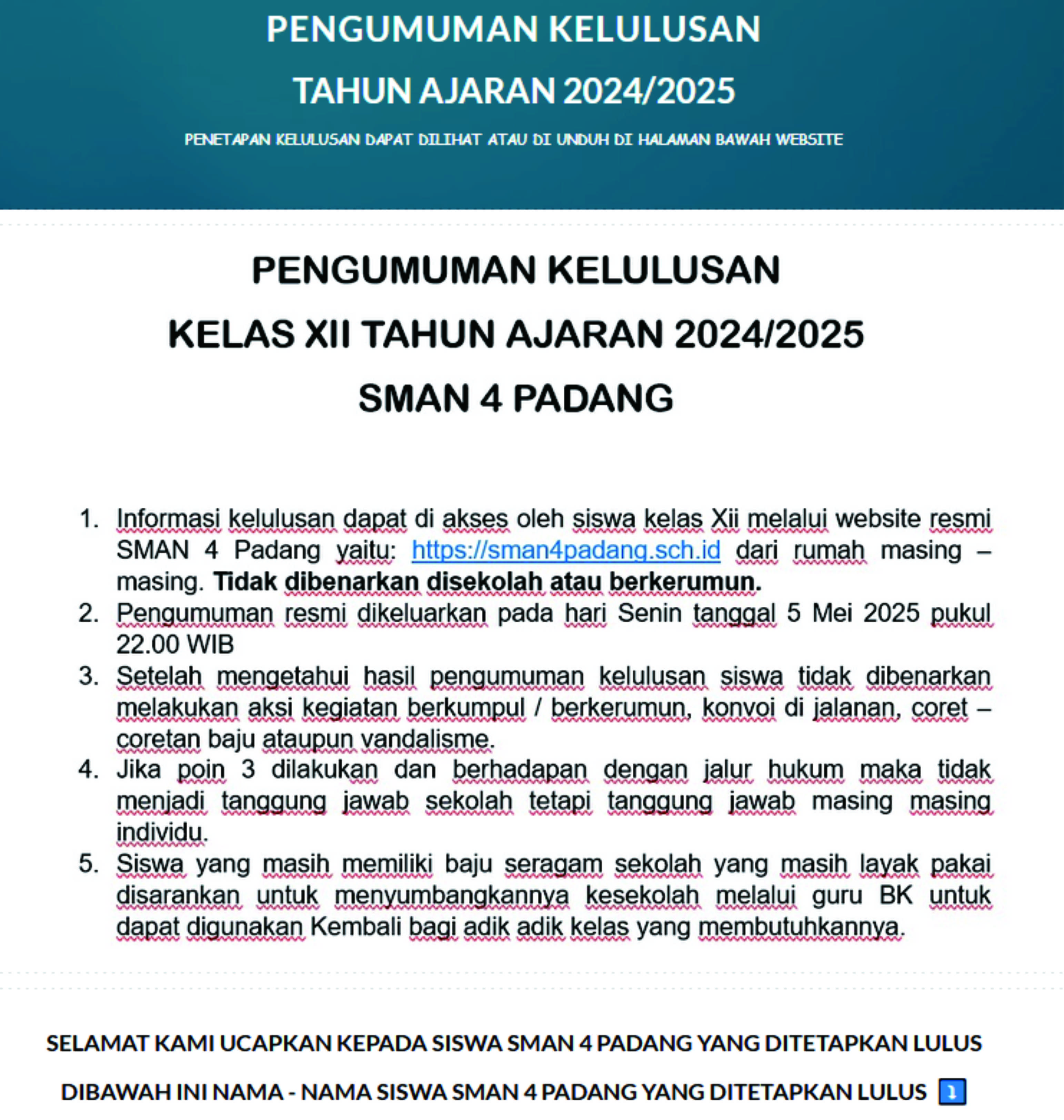 PENGUMUMAN KELULUSAN SISWA SMAN 4 PADANG TP. 2024/2025