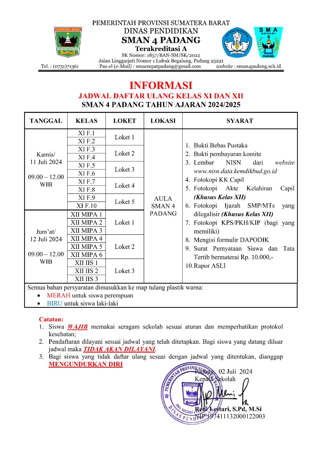 DAFTAR ULANG SISWA KELAS XI DAN XII
SMA NEGERI 4...
