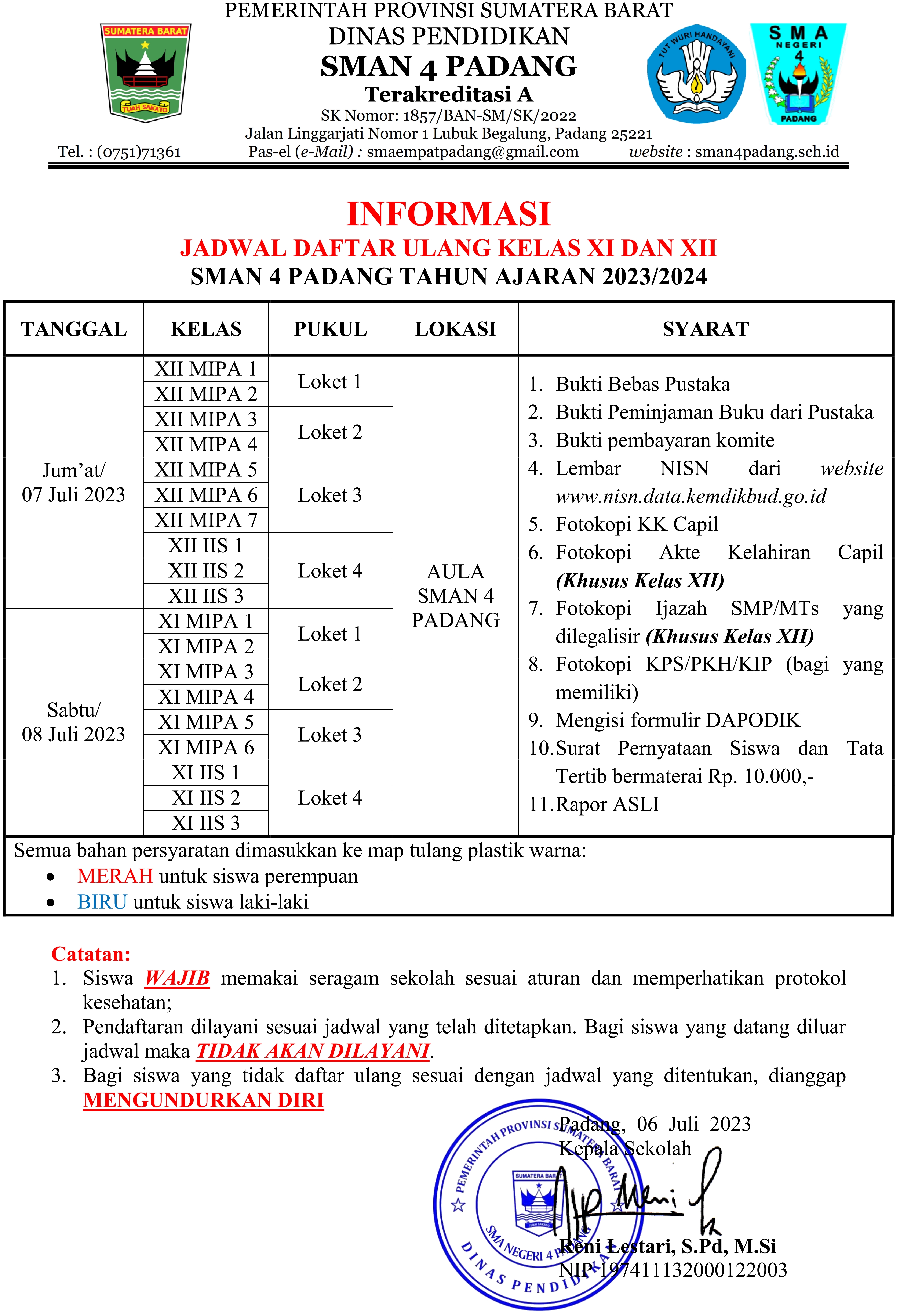 DAFTAR ULANG SISWA KELAS XI DAN XII
SMA NEGERI 4...
