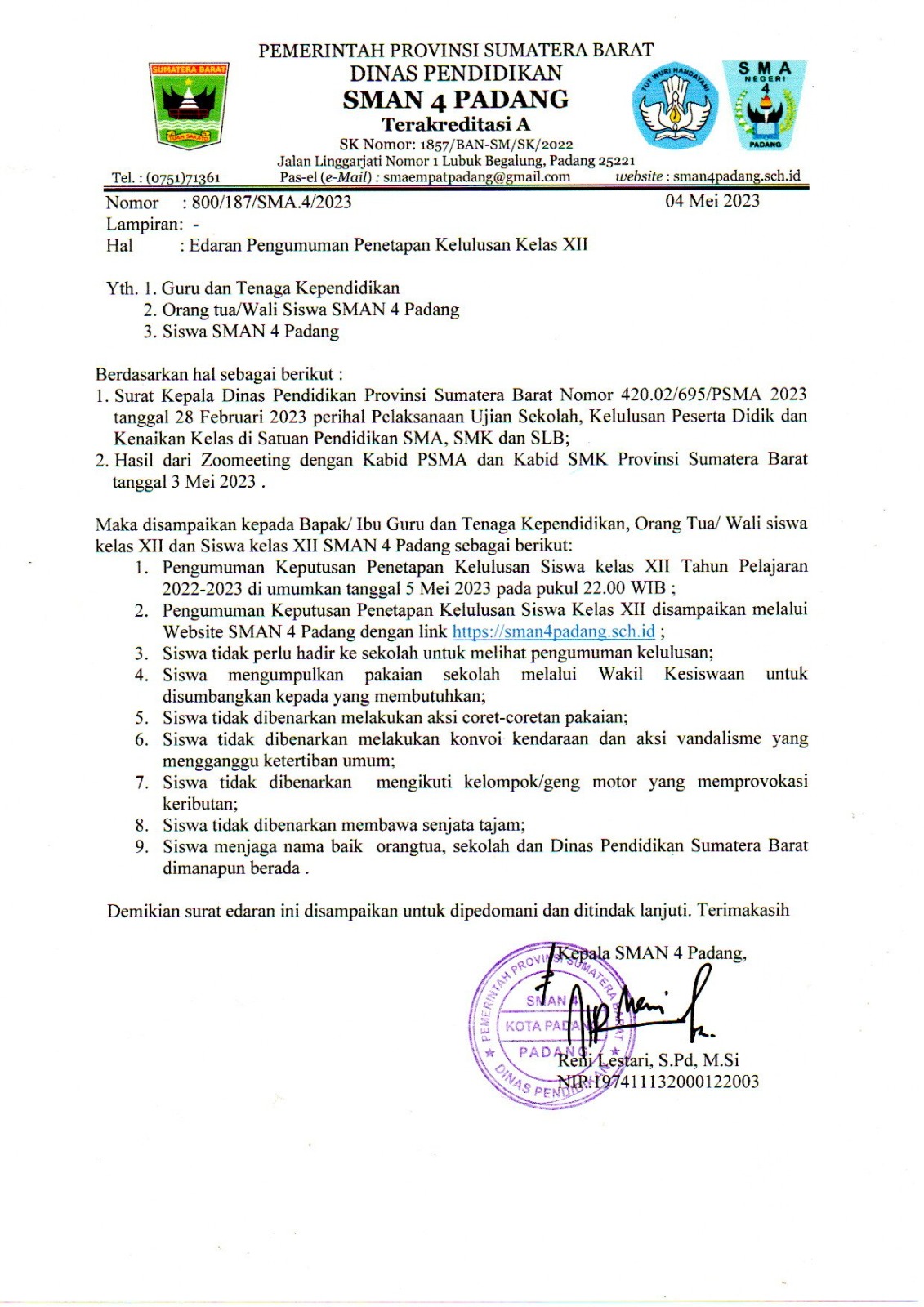 EDARAN PENGUMUMAN PENETAPAN KELULUSAN KELAS XII