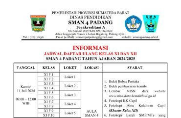 DAFTAR ULANG SISWA KELAS XI DAN XII
SMA NEGERI 4 PADANG
Tahun Pelajaran 2024/2025