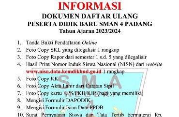 SYARAT DAFTAR ULANG SISWA BARU JALUR PRESTASI AKADEMIK DAN NON AKADEMIK
SMA NEGERI 4...