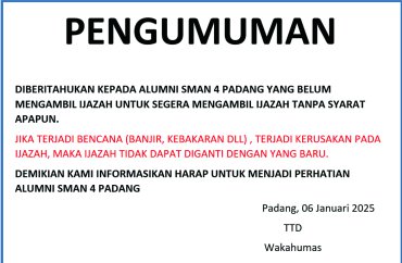 NAMA-NAMA ALUMNI SMA NEGERI 4 PADANG YANG BELUM MENGAMBIL IJAZAH
DIBERITAHUKAN BAHWA...